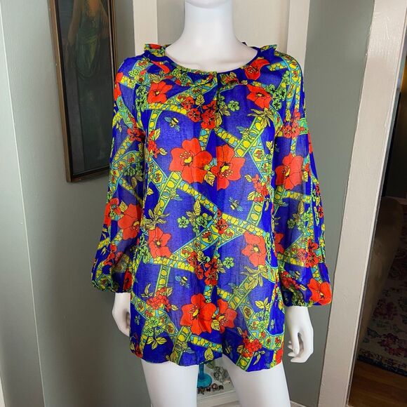 Vintage 70s Lanz Novelty Mushroom Butterfly Poppies Bee Sheer Blouse Tunic Shirt - Picture 2 of 13